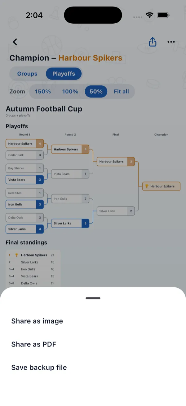 Jakovalikko Autumn Football Cup -turnauksen pudotuspelien päällä: Jaa kuvana, Jaa PDF-tiedostona ja Tallenna varmuuskopio.
